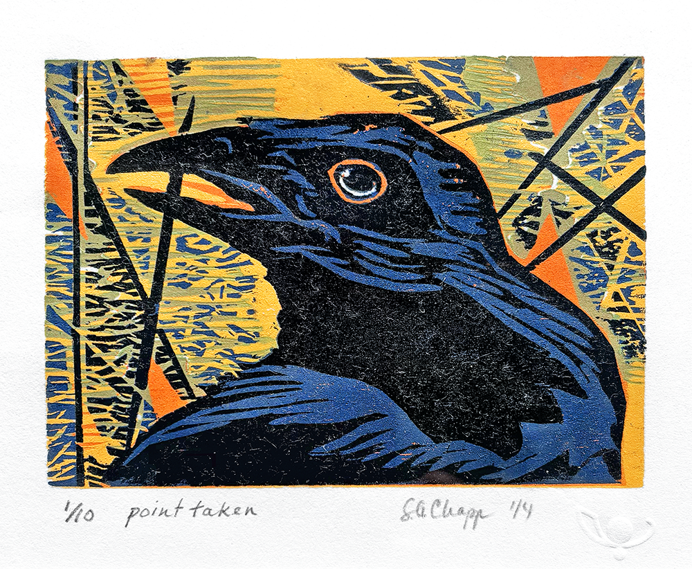 Colorful and stylized relief print of a blue and black crow by Steven Chapp, at Wilkinson ART Gallery in Greenville, SC.
